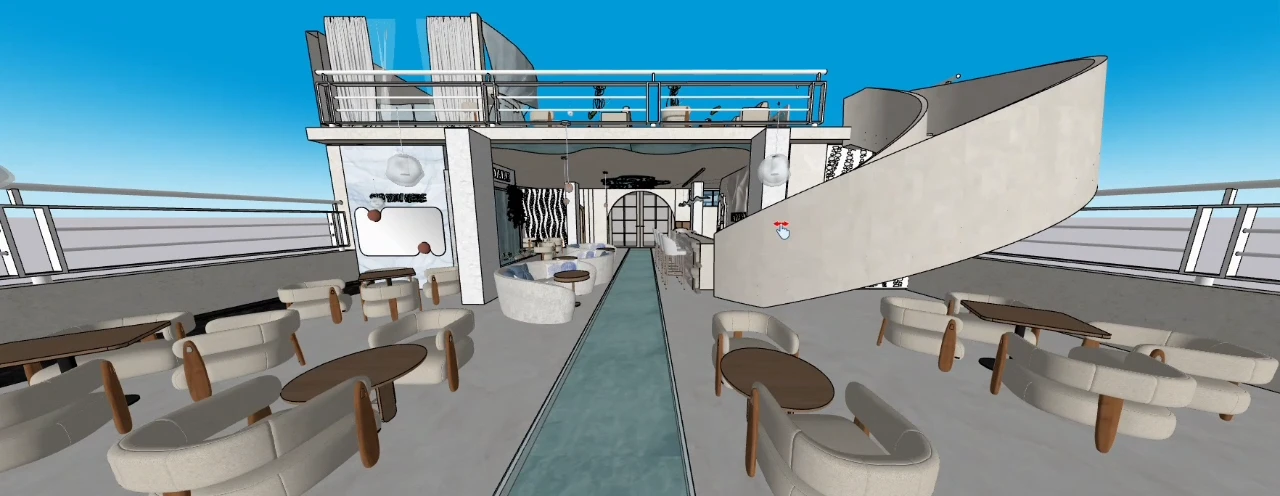 3D café concept with curved cream seating, a blue central feature and a sweeping staircase
