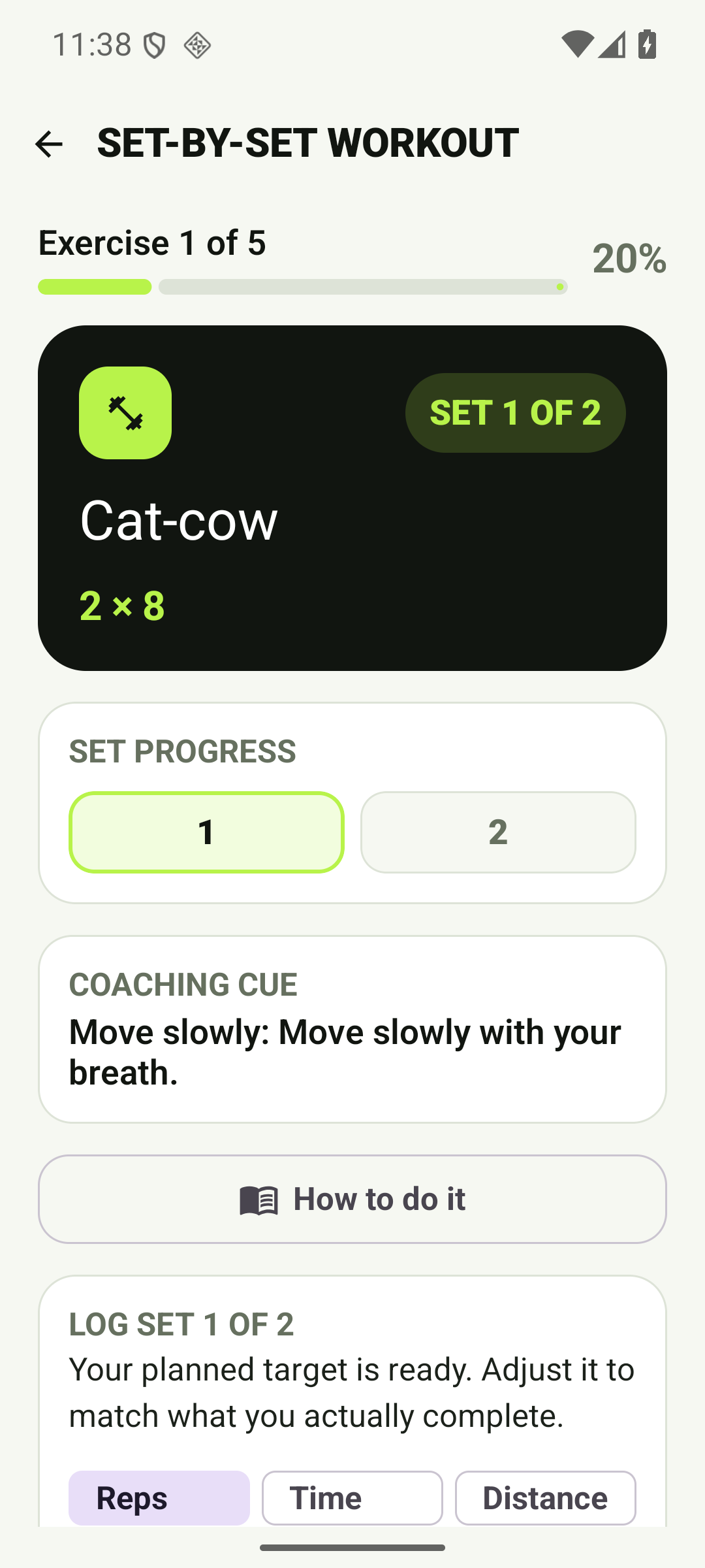 PulsePlan set-by-set active workout screen