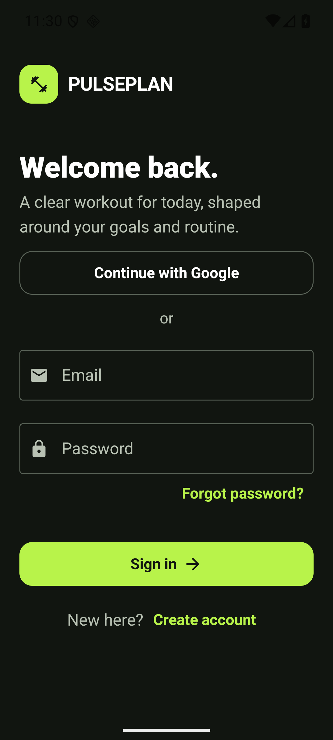 PulsePlan sign-in screen with Google and email options