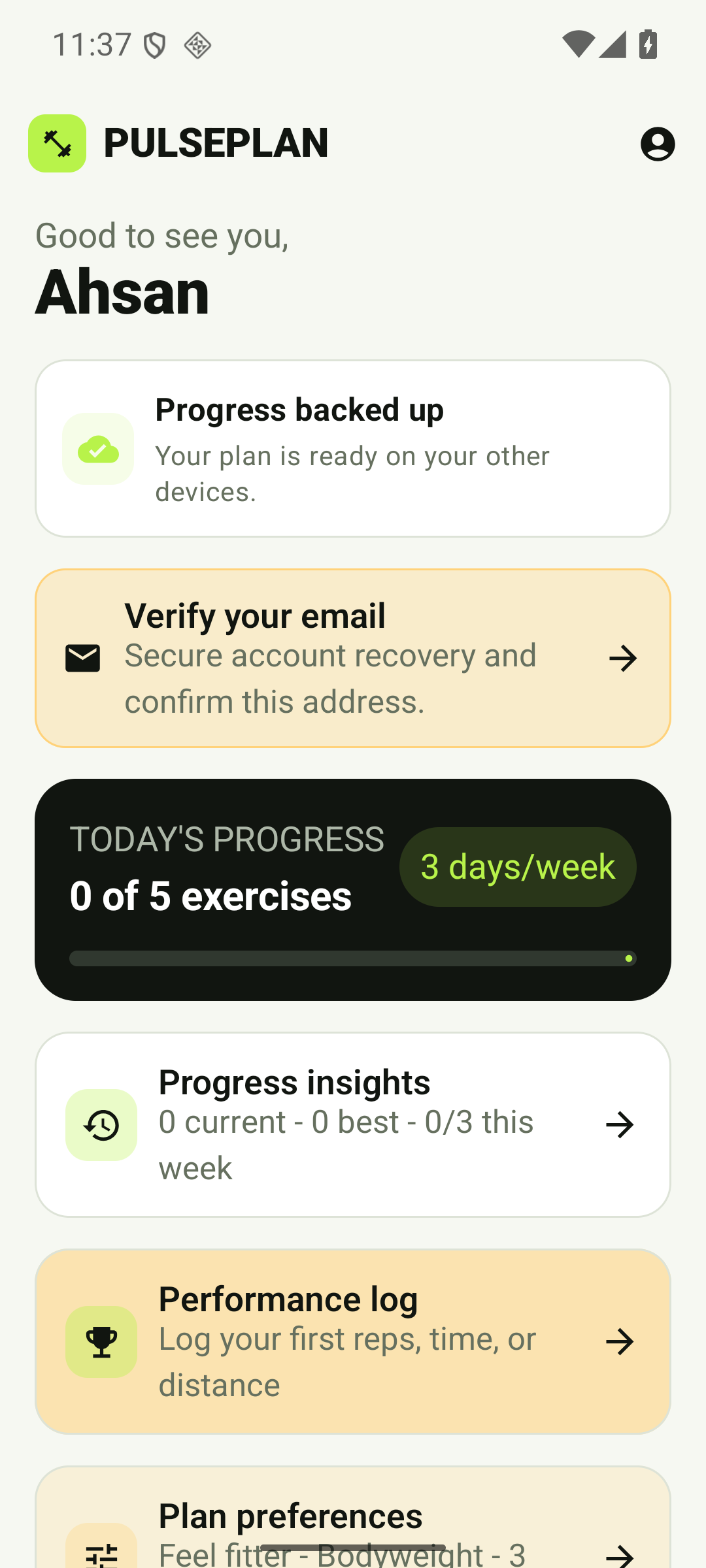 PulsePlan dashboard showing cloud backup, today's progress, and workout tracking